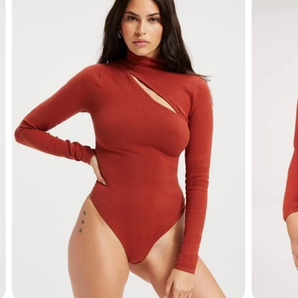 Good American Slit Shoulder Cut Out Longsleeve Bodysuit Sweater Thong SZ 8 Rust - Picture 12 of 16